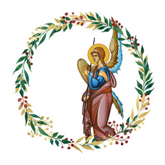 Fototapeta premium The angel. Decorative vintage floral wreath, illustration in Byzantine style isolated