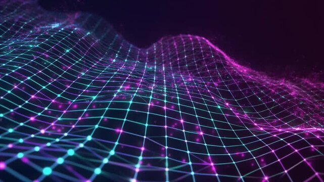 kinetic abstract tech grid animation, animated vector grid waves with pulsating glowing nodes and flowing particle trails, smooth motion graphics transitions, modern digital interface style, seamless 