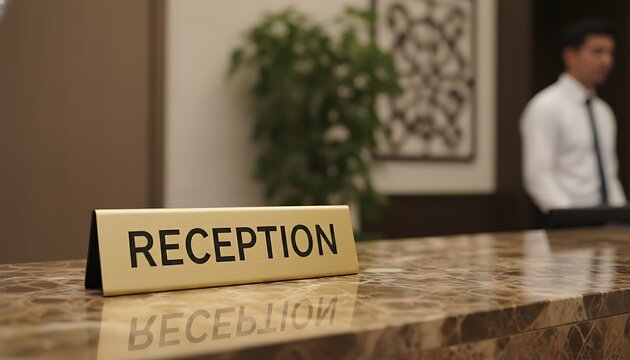 Elegant hotel reception counter with brass sign and blurred staff in background reception business