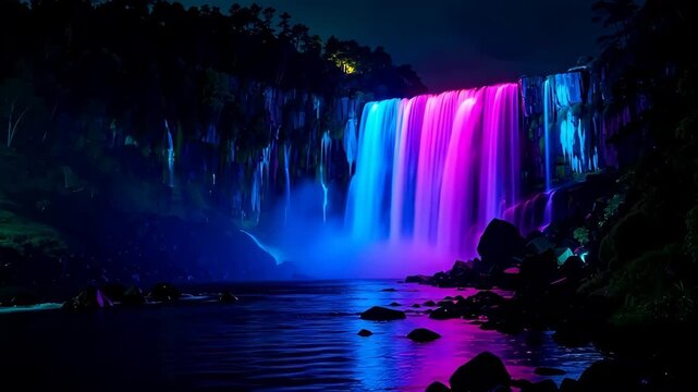 Colorful light waterfall view at night, neon waterfall night view