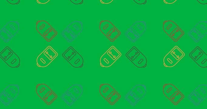 Digital animation of multiple school bag icons in seamless motion against black background