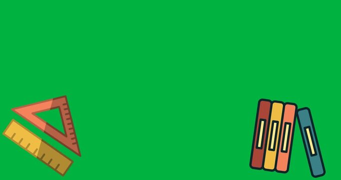 Digital animation of set squares and multiple books icons against black background