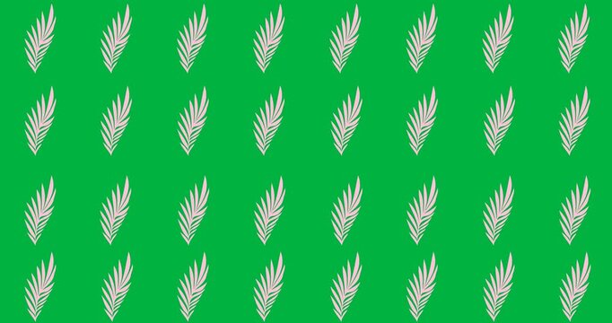 Digital animation of branch with pink leaves icons in seamless pattern against black background