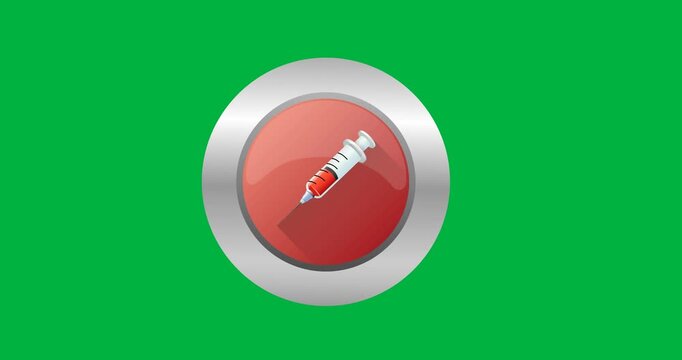 Digital animation of syringe icon over round banner against black background