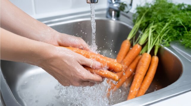 Woman washing fresh carrot with green stem under running tap water in kitchen sink. Preparation of raw vegetable for healthy food and cooking process. Organic meal and clean nutrition.