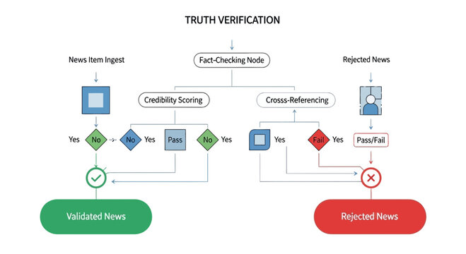 Fact checking workflow, truth verification process, Press freedom day, credibility scoring flowchart, news validation tool, fake news detection diagram