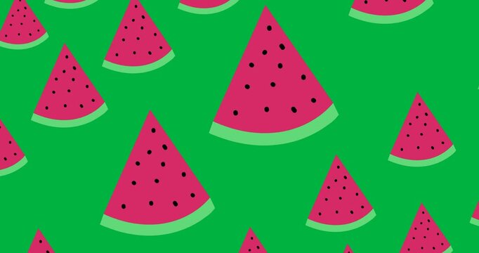 Digital animation of multiple watermelon slice icons against black background