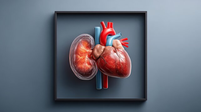 Detailed anatomical model of a human heart and kidney. A background image for articles discussing healthcare, biological science, or medical technology.

