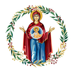 Fototapeta premium The Unbreakable Wall. Blessed Virgin Mary and Jesus Christ. Decorative vintage floral wreath, illustration in Byzantine style isolated