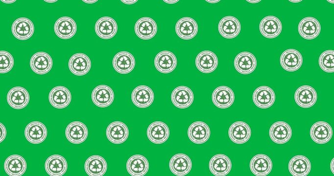 Recycle symbol on multiple round banners in a seamless pattern against black background