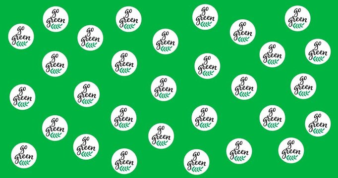 Digital animation of multiple globe icons and go green text banners against black background