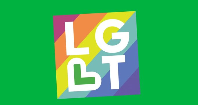 Digital animation of lgbt text over square rainbow banner against black background