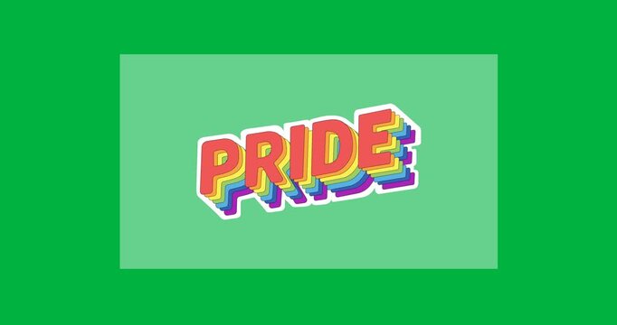 Digital animation of pride text over rectangular grey banner against black background