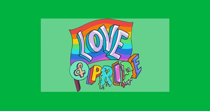 Love and pride text over rainbow flag against rectangular grey banner on black background