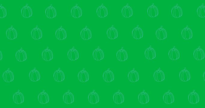 Digital animation of multiple green pumpkin icons in seamless pattern against black background