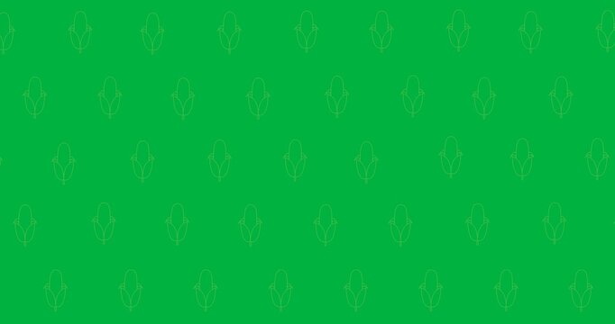Digital animation of multiple green corn icons in seamless pattern against black background