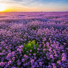 Obraz premium Vibrant purple verbena field at sunset a serene landscape of blooming flowers.