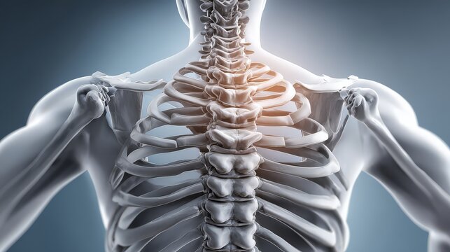 Detailed view of a human skeleton highlighting the spine. Used in clinics, physical therapy, and orthopedics to promote spinal health and alleviate back discomfort.
