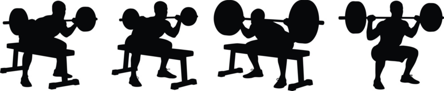 Weightlifting progression silhouette series demonstrating squat technique and form