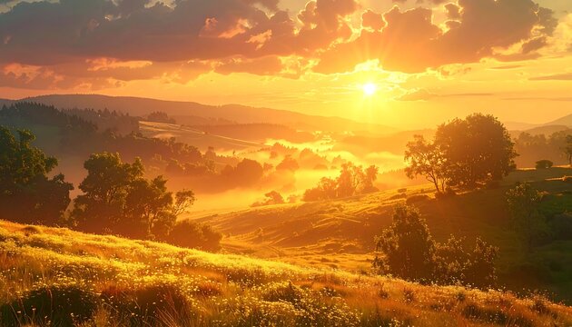 Rolling hills bathed in golden light at sunset. Mist lingers in the valleys