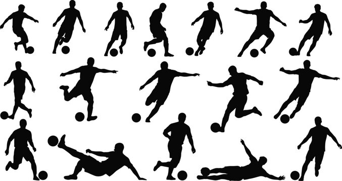 Male soccer player silhouette football action kicking running sport