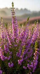 Fototapeta premium Vibrant Purple Heather Blooms in a Misty Landscape at Sunrise.