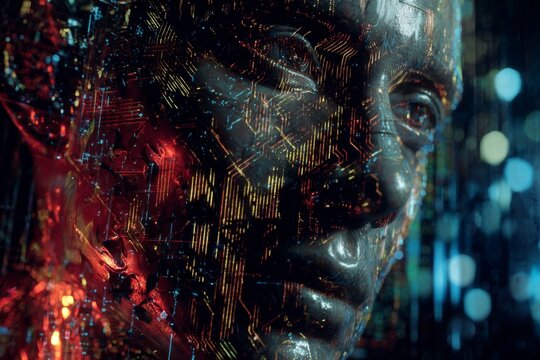 Illuminate the future: artificial intelligence meets human form. Movie cover. Intricate digital circuitry in a futuristic human form. Drama poster. Hero poster.