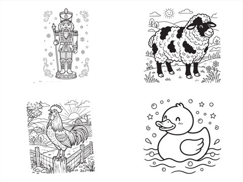 Farm animal, nursery rhyme, coloring book, illustrations, set of 4, black and white, vector