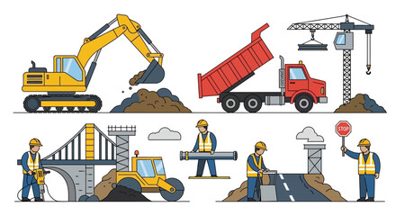 Construction scene with heavy machinery, workers, and infrastructure building elements. © Udin