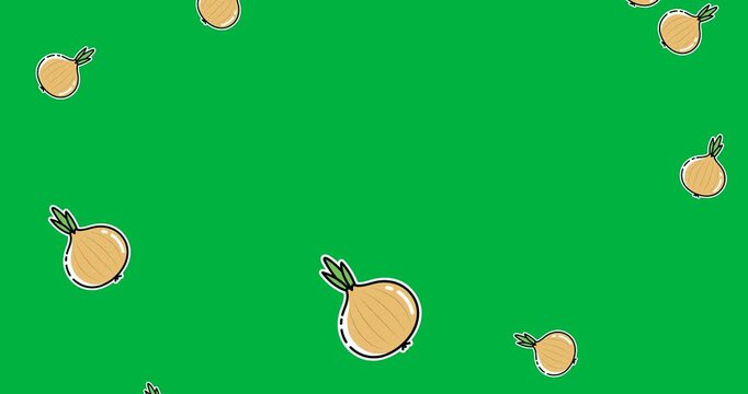 Digitally generated image of multiple onion icons falling against black background