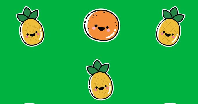 Multiple pineapple and orange icons moving in seamless pattern against black background
