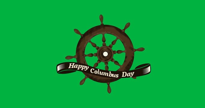 Digital animation of happy columbus day text with helm icon against black background