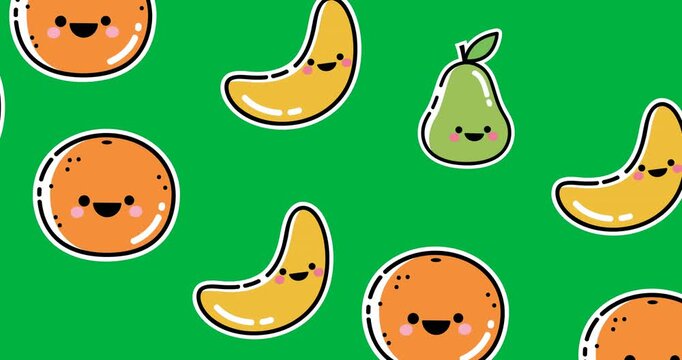 Multiple orange, banana and guava icons moving in seamless pattern against black background