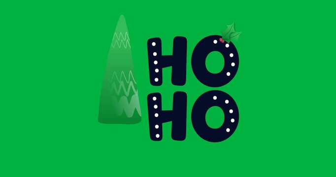 Digital animation of ho text banner with christmas tree against black background