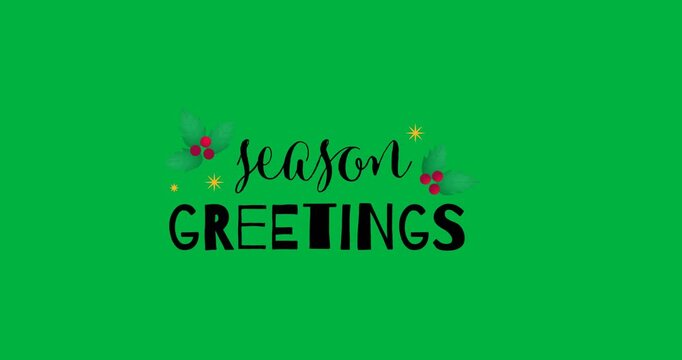 Digital animation of seasons greetings text with mistletoe icons against white background