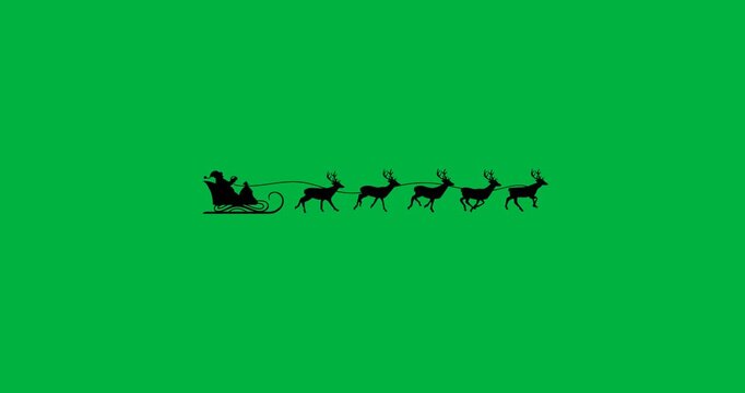 Black silhouette of santa claus in sleigh being pulled by reindeers against white background