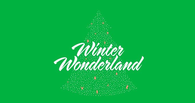 Digital animation of winter wonderland text over christmas tree against black background