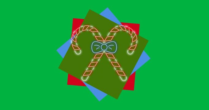 Digital animation of neon candy cane icon over colorful square banner against black background