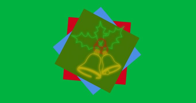 Neon mistletoe and christmas bells icons over colorful square banner against black background