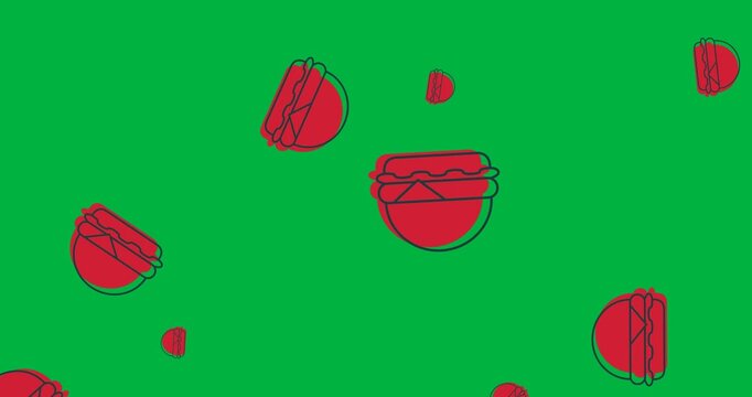 Digital animation of multiple red burger icons falling against black background