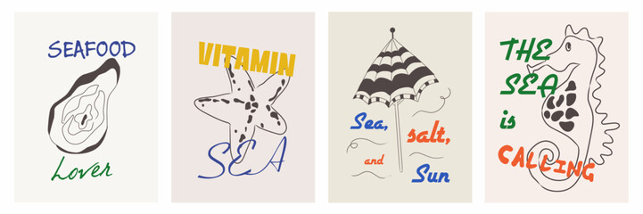 Summer Italy la dolce vita vintage posters. Amalfi or Sicily of postage stamps with Italian Mediterranean oyster, sea star, umbrella, seahorse wall decor. Vector illustration ink doodle sketch style. © Sinta Alfa