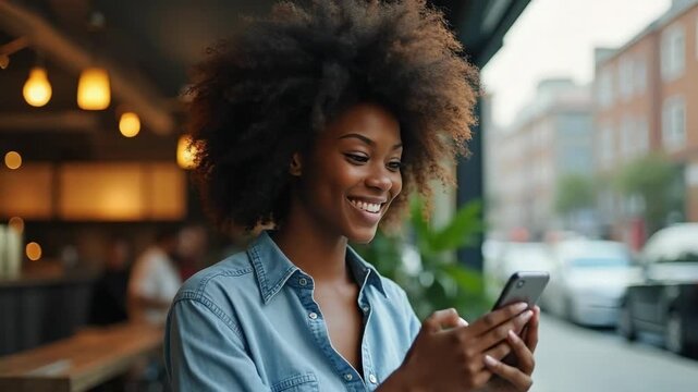 Confident young woman with an afro hairstyle smiling while using a smartphone in a trendy cafe. Relaxed atmosphere with city view, technology, and social connection concept.