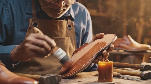 Elderly man applying polish to leather shoe sole with brush in workshop, tools and shoes visible in warm, rustic environment