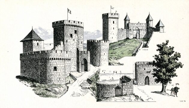 Medieval Castle Architecture Illustration with Towers and Walls.