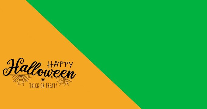 Digital animation of happy halloween text banner against yellow and black dual tone background