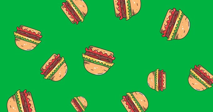 Digital animation of multiple burger icons falling against black background