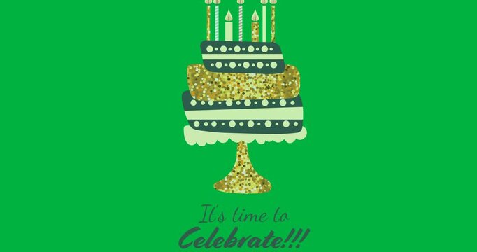 Digital animation of its time to celebrate text banner with cake icon against black background