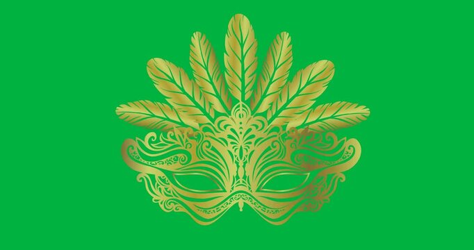Digital animation of golden masquerade mask icon against black background
