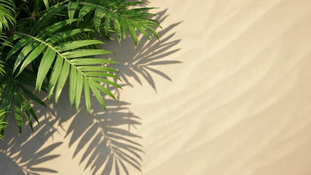 Summer beach day scene with tropical palms shadow on sand background. Minimal sunlight tropical flat lay arrangement..