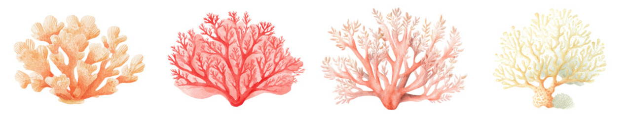 Obraz premium Watercolor illustration set of coral reef elements, hand painted branching and fan corals in soft pastel colors, detailed marine decorations isolated on white background